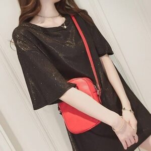 New Style Cool Gloss Solid Color Womens Loose T-shirt (Black )