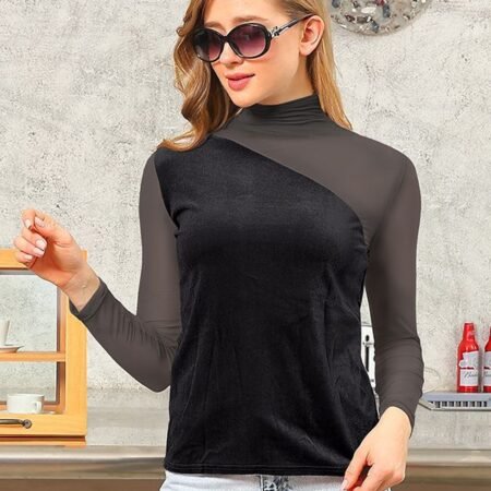 Velvet Half-high Collar Mesh Long-Sleeved Splicing Temperament Slim-Fit Bottoming T-shirt - Black
