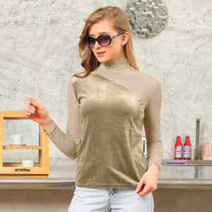 Velvet Half-high Collar Mesh Long-Sleeved Splicing Temperament Slim-Fit Bottoming T-shirt - Apricot