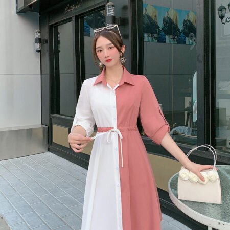 New Mid-Length 2 in 1 Colour Loose Pattern Adjustable Shirt ( Deep Pink )