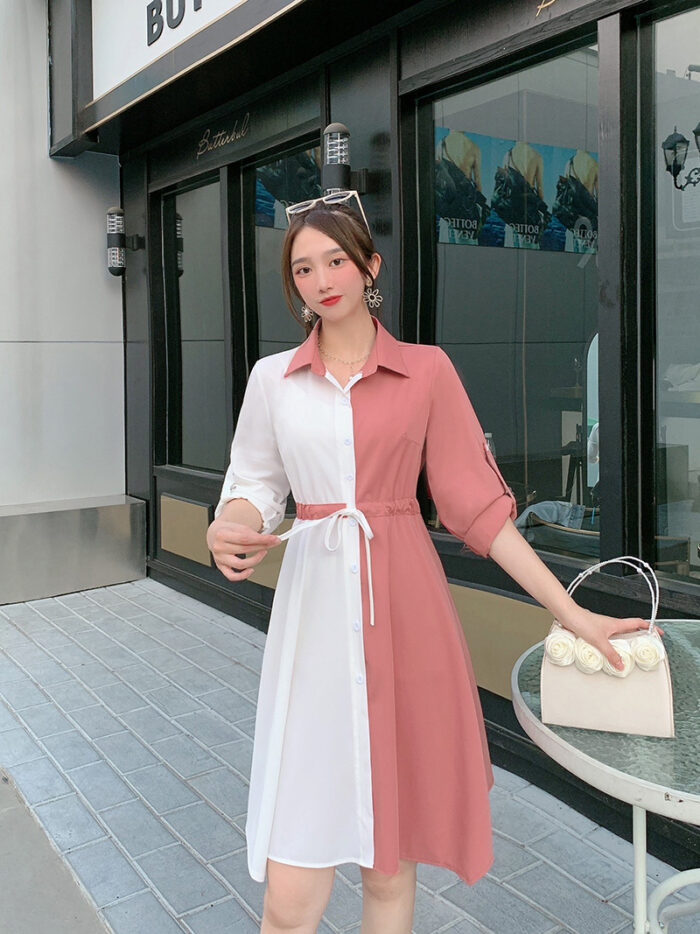 New Mid-Length 2 in 1 Colour Loose Pattern Adjustable Shirt (Deep Pink)