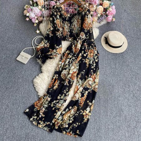 2pcs Floral Printed Crop Top Set(Pant+Crop Top) (Black)