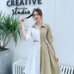 New Mid-Length 2 in 1 Colour Loose Pattern Adjustable Shirt ( Beige)