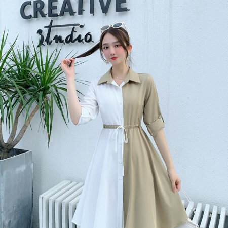 New Mid-Length 2 in 1 Colour Loose Pattern Adjustable Shirt ( Beige)