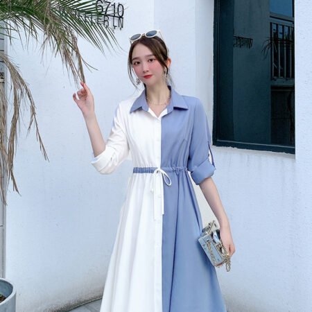 New Mid-Length 2 in 1 Colour Loose Pattern Adjustable Shirt (Blue)