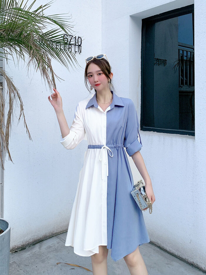 New Mid-Length 2 in 1 Colour Loose Pattern Adjustable Shirt (Blue)