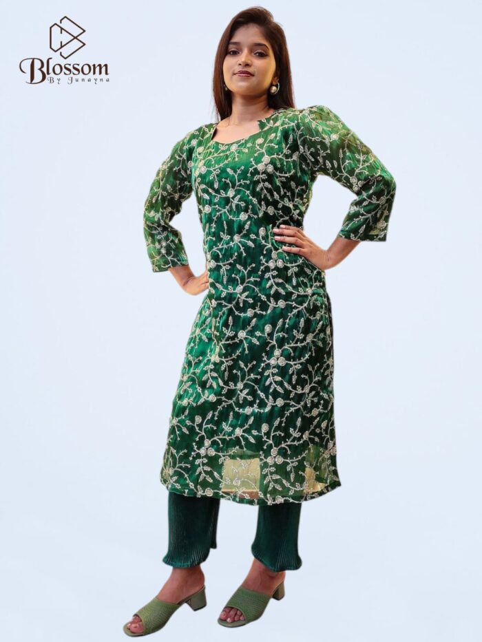 Ghimichu Tissue Sequence Single Kurti (Green) - Image 4