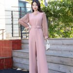 1 Colour Jumpsuit With Chicken Kari Sleeve & Belt (light Pink )