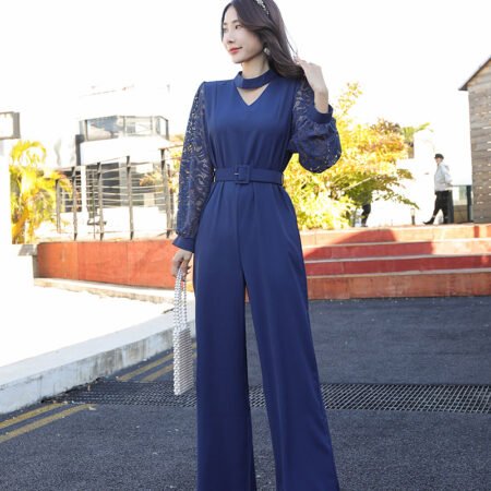 1 Colour Jumpsuit With Chicken Kari Sleeve & Belt ( Navy Blue)