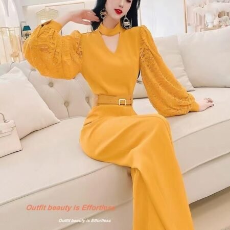 1 Colour Jumpsuit With Chicken Kari Sleeve & Belt ( Yellow)