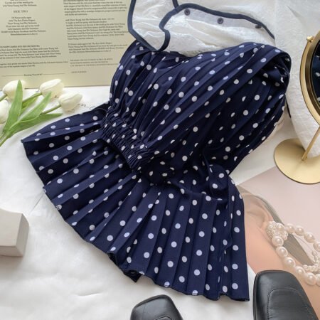 Classic French Polka-Dot High Waisted Mid-Length Pleated Skirt (Navy Blue)