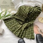 Classic French Polka-Dot High Waisted Mid-Length Pleated Skirt (Olive)