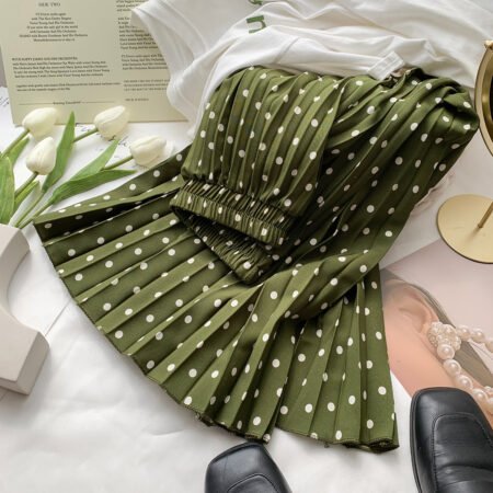 Classic French Polka-Dot High Waisted Mid-Length Pleated Skirt (Olive)