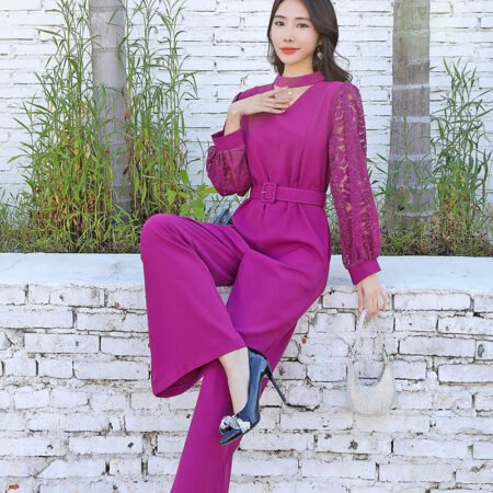 1 Colour Jumpsuit With Chicken Kari Sleeve & Belt (Deep Purple)