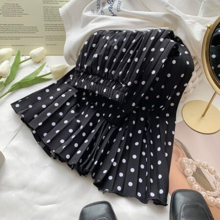 Classic French Polka-Dot High Waisted Mid-Length Pleated Skirt (Black)