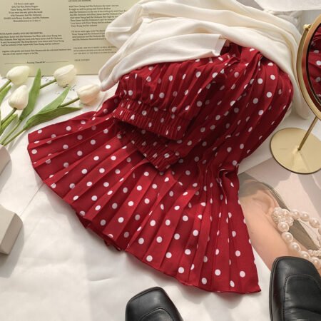 Classic French Polka-Dot High Waisted Mid-Length Pleated Skirt ( Red)