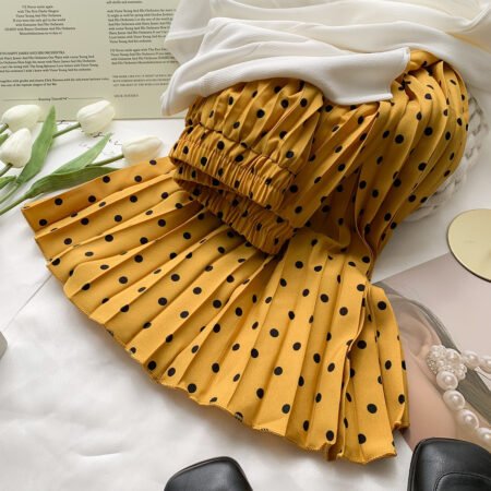Classic French Polka-Dot High Waisted Mid-Length Pleated Skirt (Yellow)