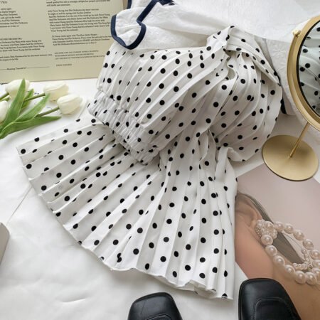 Classic French Polka-Dot High Waisted Mid-Length Pleated Skirt (White)