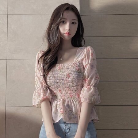 Floral Trumpet Sleeve Western Style Crop Top ( Pink )