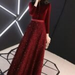 Velvet-Sequin Long Party Dress (Red)