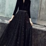 Velvet-Sequin Long Party Dress ( Black )