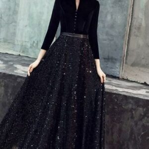Velvet-Sequin Long Party Dress ( Black )