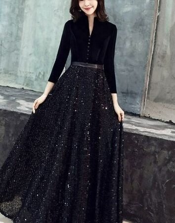 Velvet-Sequin Long Party Dress ( Black )