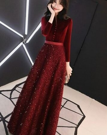 Velvet-Sequin Long Party Dress (Red)