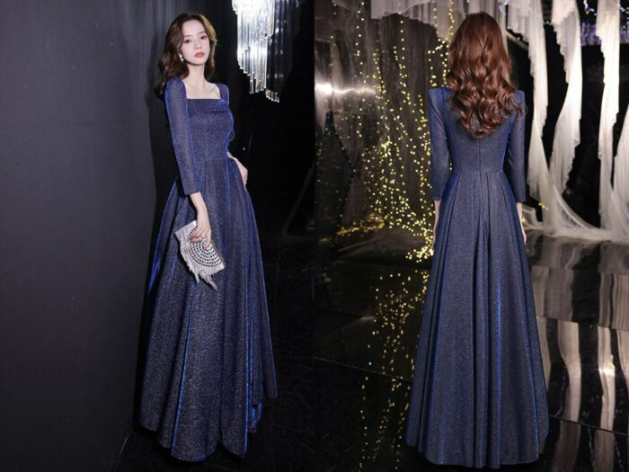 Blue Long-Sleeved Square-Neck Banquet Dress - Image 2