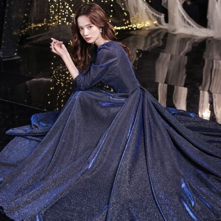 Blue Long-Sleeved Square-Neck Banquet Dress