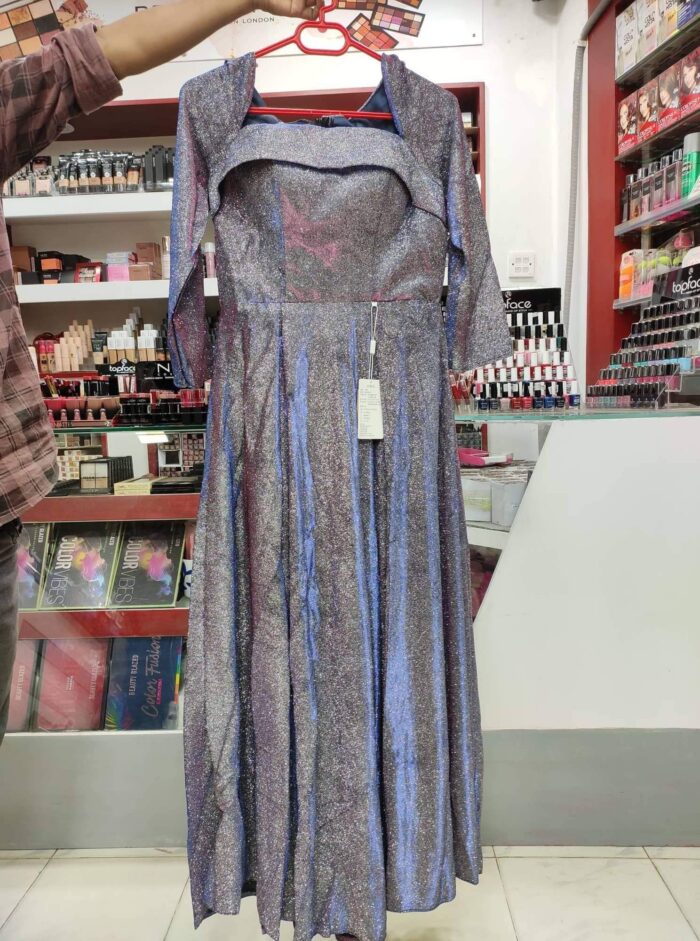 Blue Long-Sleeved Square-Neck Banquet Dress - Image 3