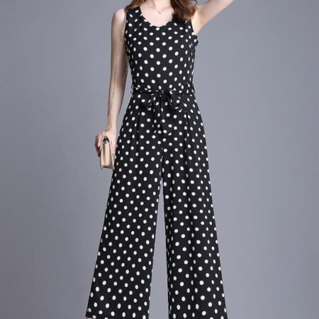 Dot Chiffon Drape Waist Belted Jumpsuit
