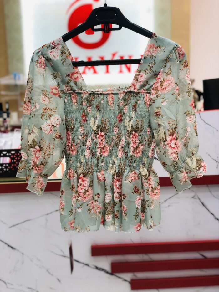 Floral Trumpet Sleeve Western Style Crop Top ( Ocean Blue) - Image 2