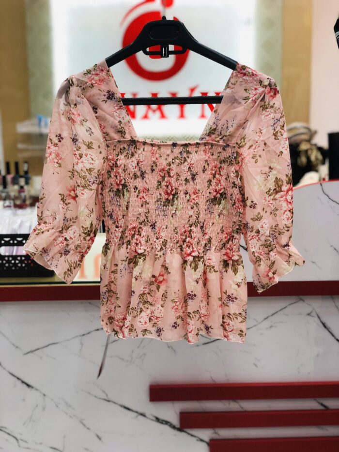Floral Trumpet Sleeve Western Style Crop Top ( Pink ) - Image 2