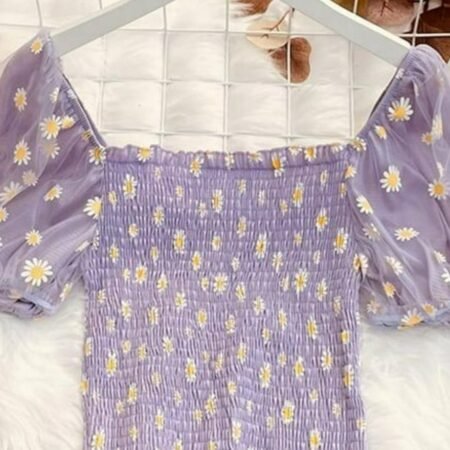 Flower Print Mesh Stitching Crop Top (Levander)