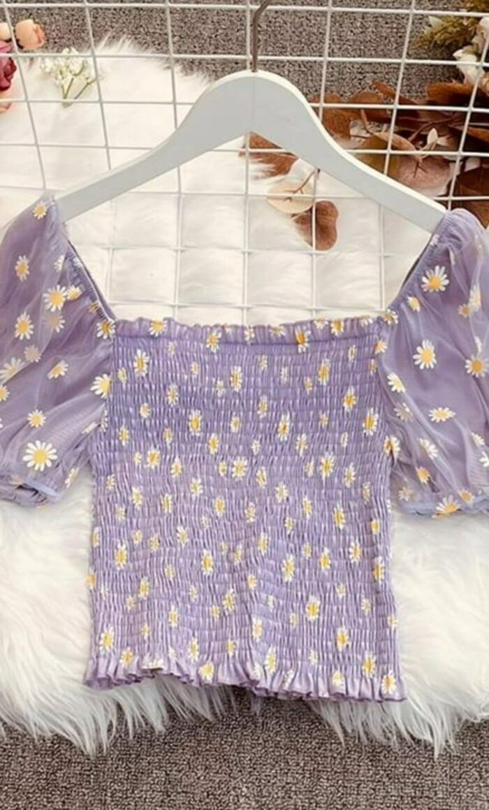 Flower Print Mesh Stitching Crop Top (Levander)