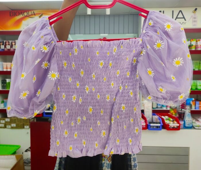Flower Print Mesh Stitching Crop Top (Levander) - Image 2