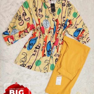 Line long printed equipoise 2pcs set(trouser+shirt) - (Yellow)