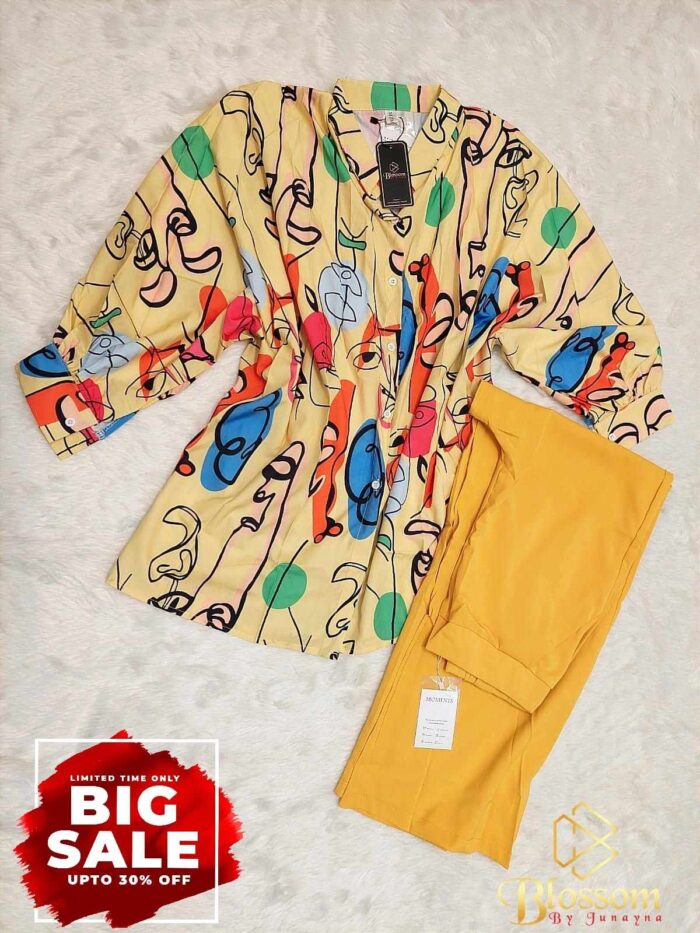Line long printed equipoise 2pcs set(trouser+shirt) - (Yellow)