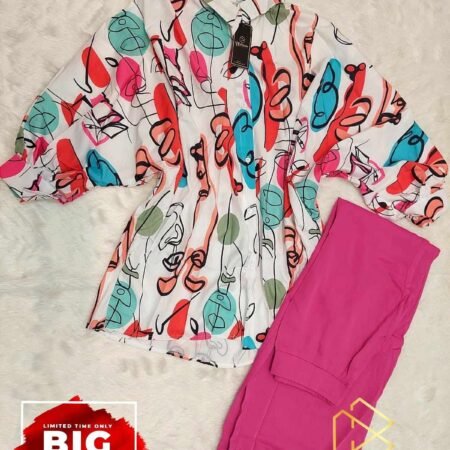 Line Long Printed Equipoise 2pcs Set(Trouser+Shirt) - (White Pink)