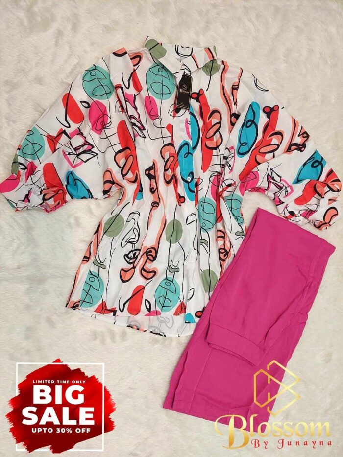 Line Long Printed Equipoise 2pcs Set(Trouser+Shirt) - (White Pink)