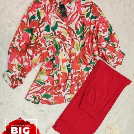 Line Long Printed Equipoise 2pcs set(Trouser+Shirt) (Red)