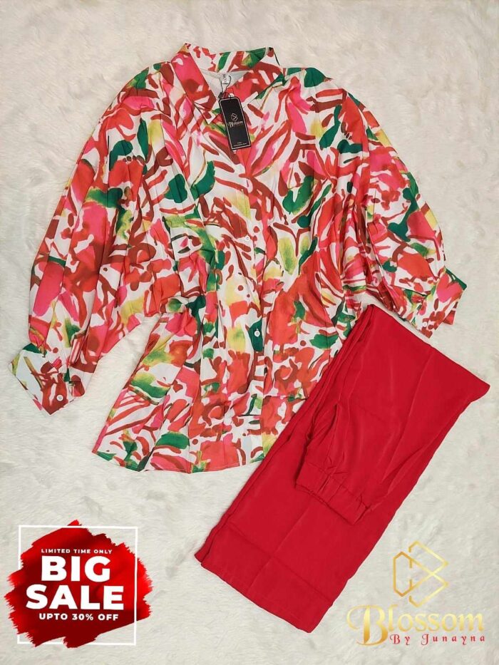 Line long printed equipoise 2pcs set(trouser+shirt) - (Red)