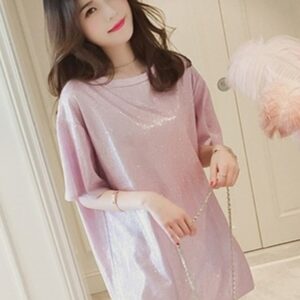 New Style Cool Gloss Solid Color Womens Loose T-shirt (Pink)
