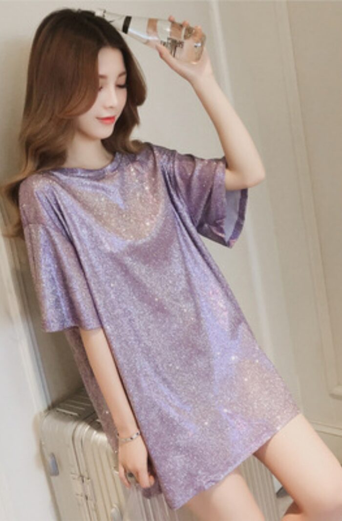 New Style Cool Gloss Solid Color Womens Loose T-shirt (Purple )