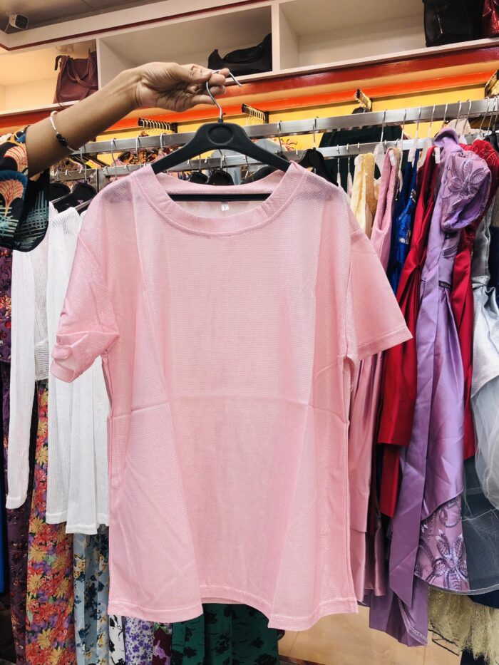 New Style Cool Gloss Solid Color Womens Loose T-shirt (Pink) - Image 2