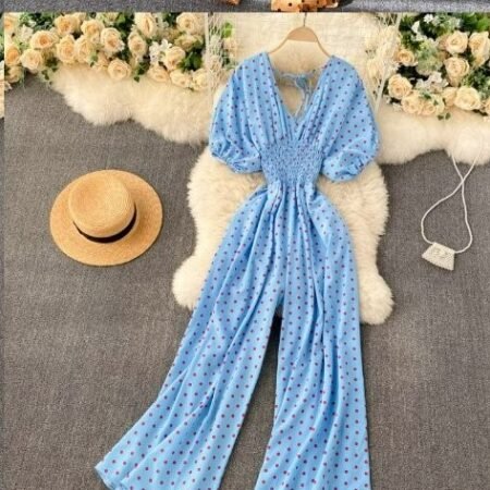 Polka Dot V Neck Jumpsuit (Sky Blue)