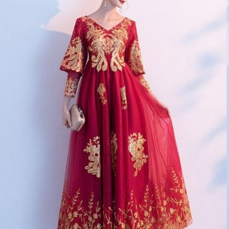 Red-golden Lace Panel Sequin Work Long Sleeve Dress