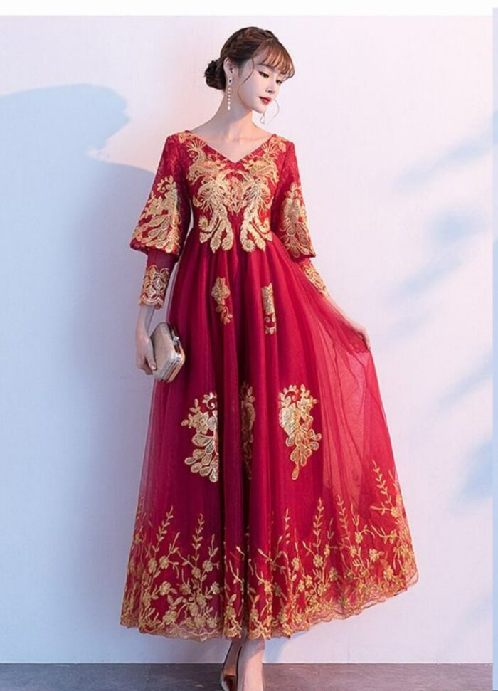 Red-golden Lace Panel Sequin Work Long Sleeve Dress