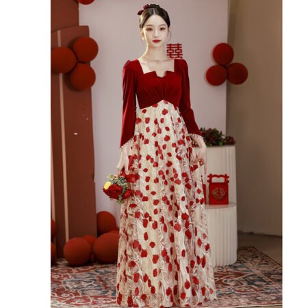 Red-Golden Velvet Mixed Rose Flower Dress